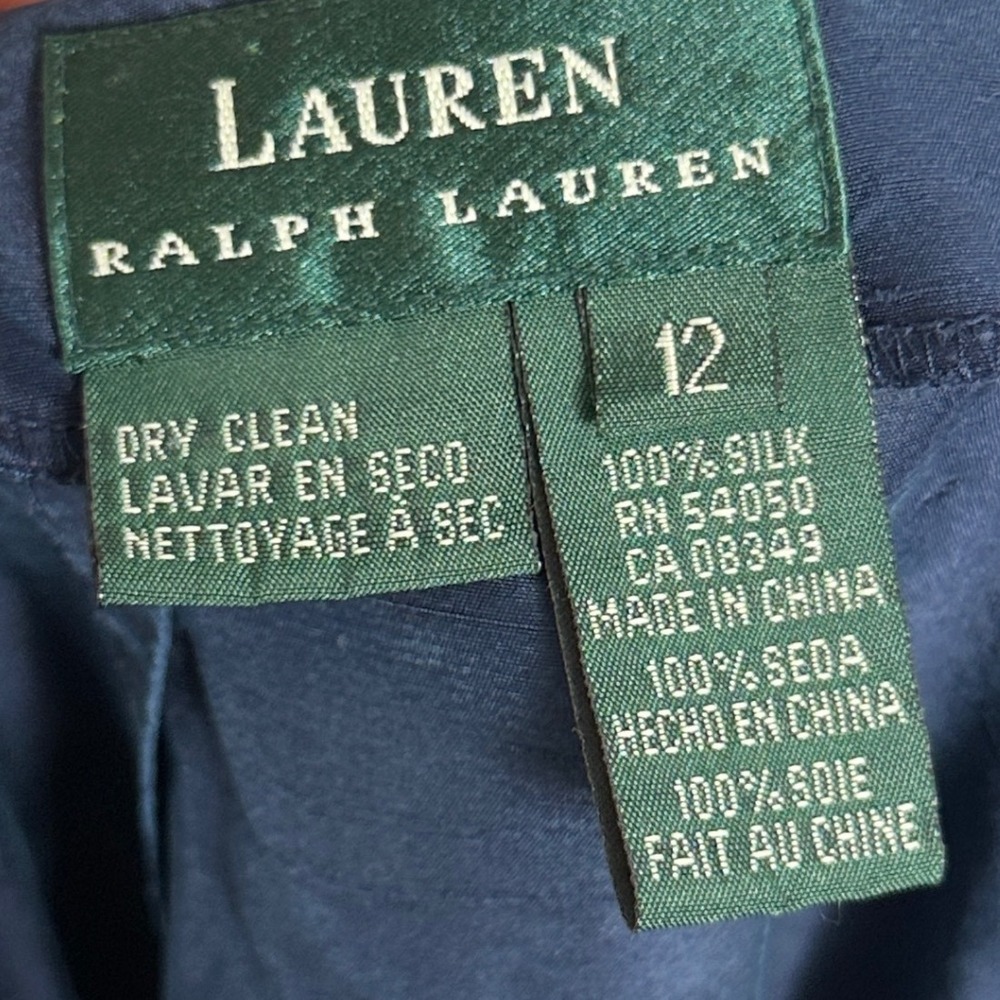 Ralph Lauren 100% Silk Navy Blue Wide Leg Pants Womens Size 12 Back Zip Trousers - Picture 10 of 16